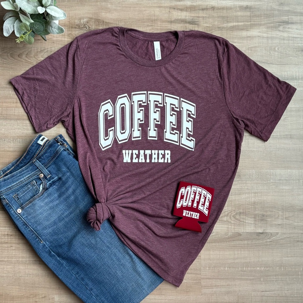 Coffee Weather Maroon Tri-blend Tee w/ Can Cooler Design